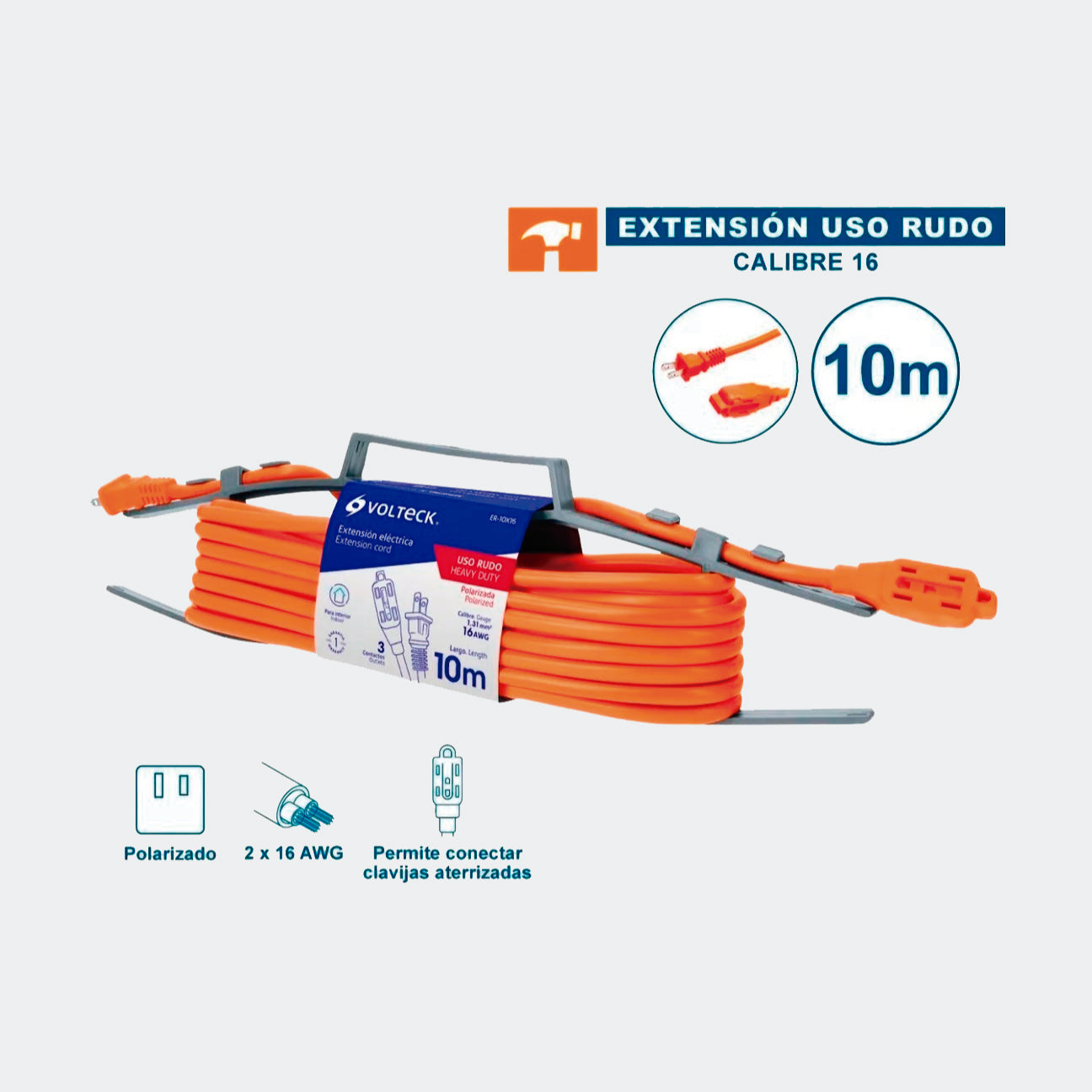 MATERIAL ELÉCTRICO TRUPER 48046 EXTENSIÓN ELÉCTRICA DE USO RUDO 10 M 2X16 AWG, VOLTECK