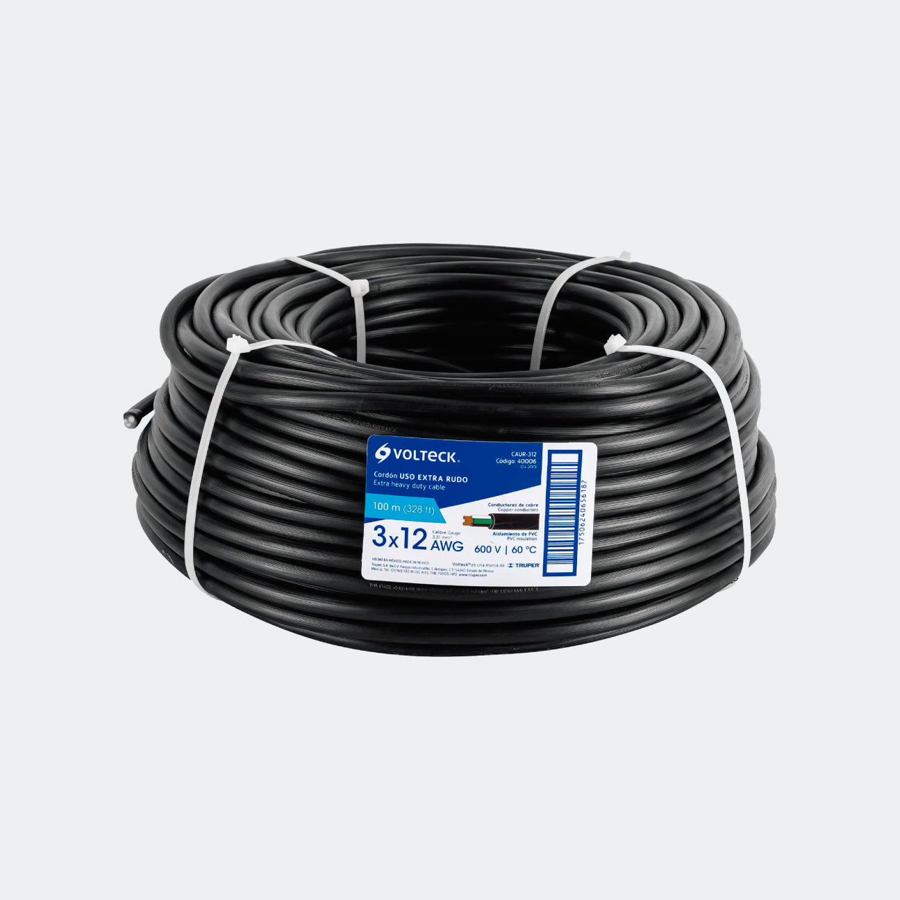 MATERIAL ELÉCTRICO TRUPER 40006 CABLE USO EXTRA RUDO 3 X 12 AWG, 1 METRO